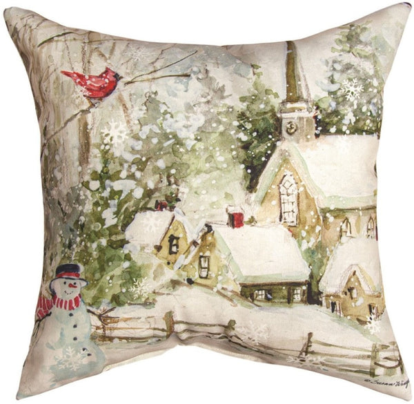 Manual Woodworkers & Weavers Snow Church Cardinal Climaweave Throw Pillow 18" x 18" By Susan Winget
