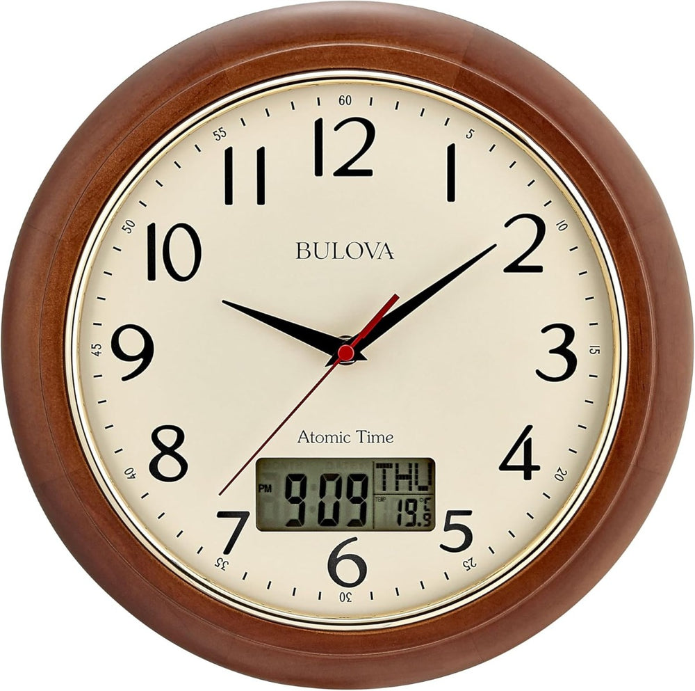 Bulova C5006 Dual Time Solid Pine Wood 12.5" Wall Clock
