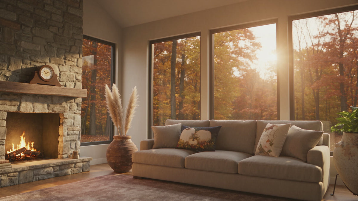 A sunlit living room with a golden retriever on a jute rug beneath a Hermle wall clock, breed throw pillows on a linen sofa and a basket of dog toys