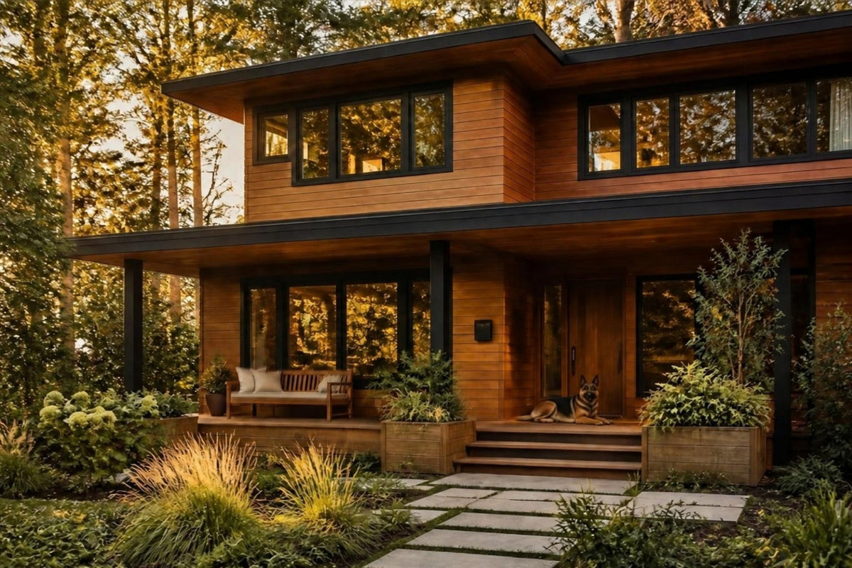 Modern wood-clad home in the woods with a covered porch, teak bench, planters and a German Shepherd resting by the front door