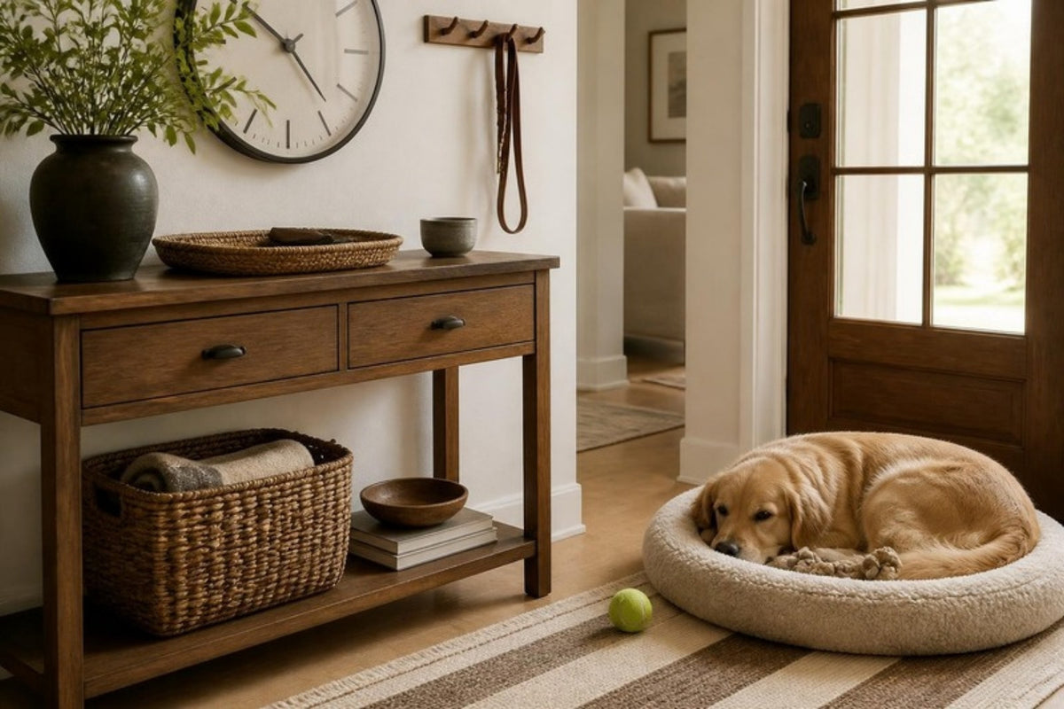 Entryway with a wooden console, round wall clock, leash hooks, and a golden retriever on a dog bed by the door with a rope toy and a tennis ball on the runner
