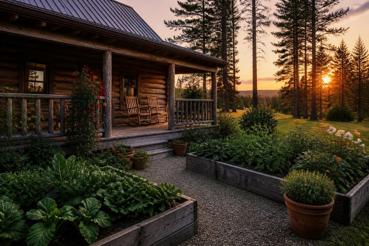 Log cabin with a covered wooden porch and rocking chairs, raised garden beds and a gravel path at sunset