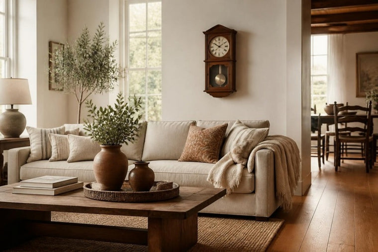 Living room styled with a walnut pendulum wall clock, linen sofa, layered throw pillows and ceramic vases