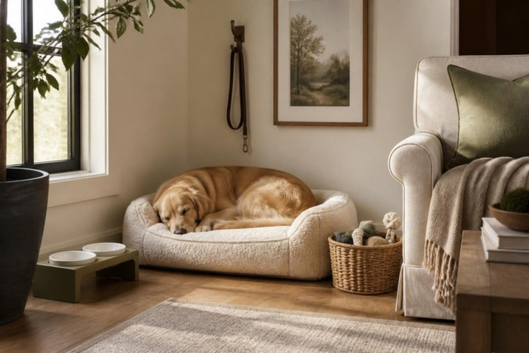Pet nook with a plush dog bed, basket of toys, raised bowls and a leash hook beside a linen armchair