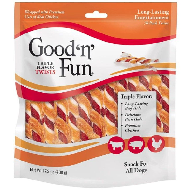 Healthy Hide Good'n' Fun Triple-Flavor Twists Regular Chicken, Pork and Beef Hide - 70 count