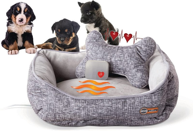 K&H Pet Products Mother's Heartbeat Heated Puppy Pet Bed with Bone Pillow