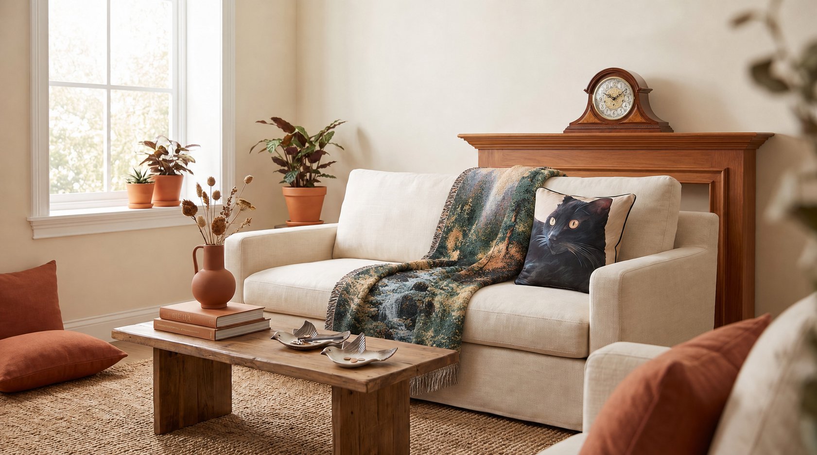 Living room styled with a wall clock, breed pillows on the sofa and a dog on the rug