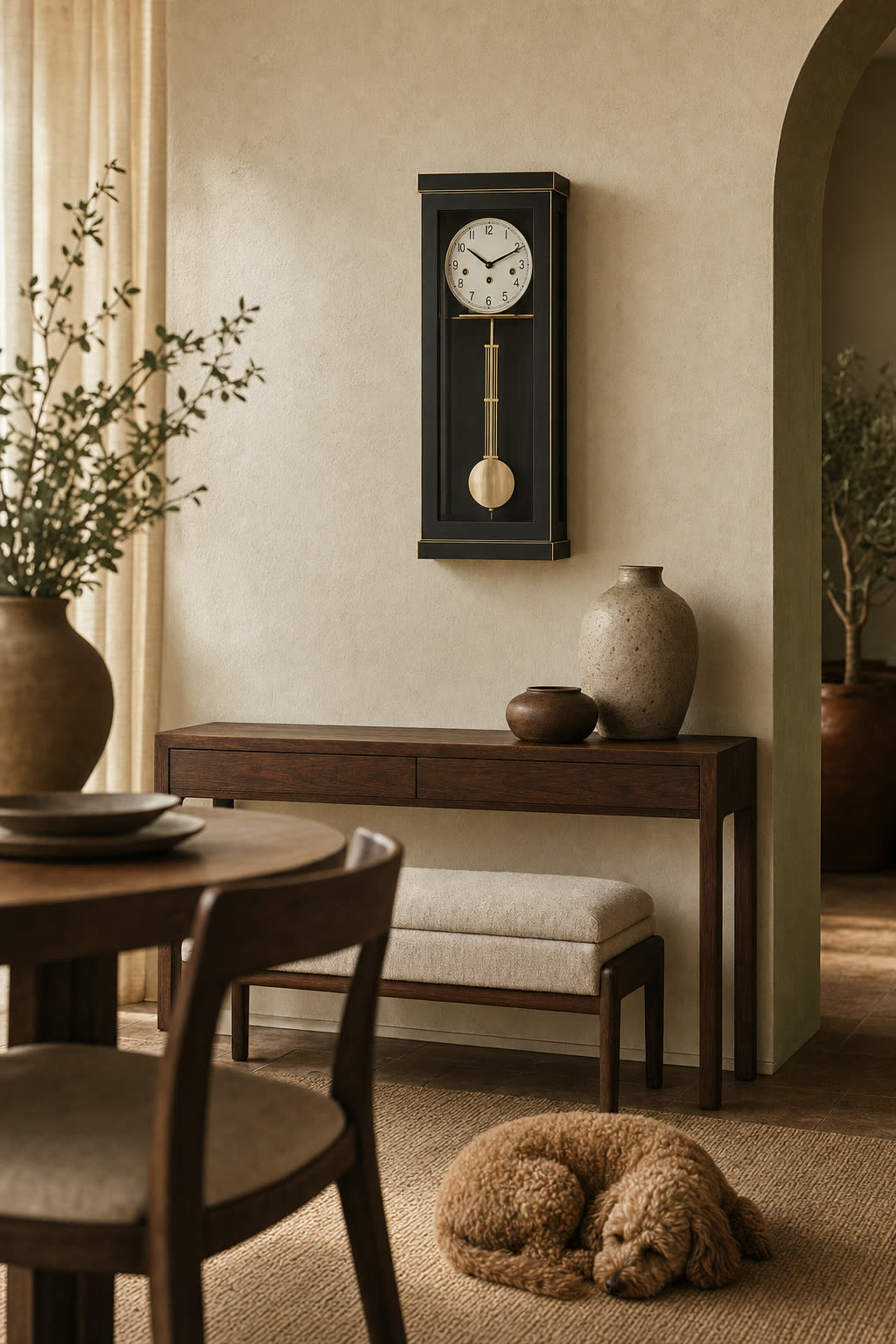 A Hermle Carrington wall clock hung above a walnut console with a dog asleep on the rug