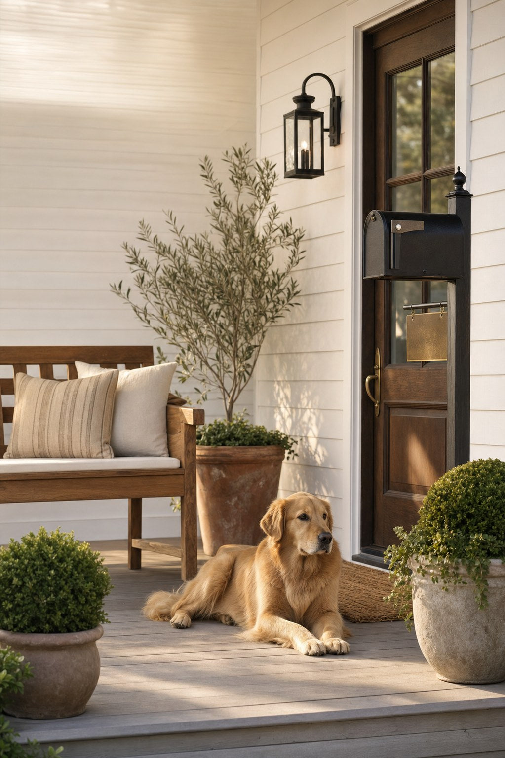 Front porch vignette with a teak lounge chair, black post mailbox, brass address plaque, planters and a golden retriever