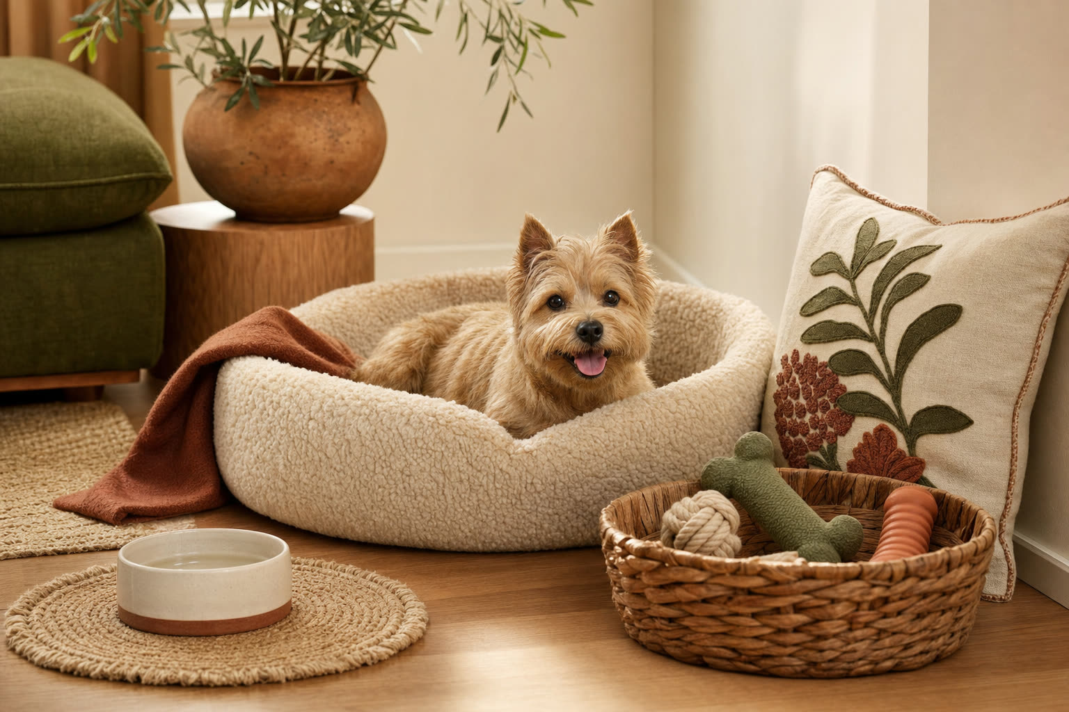 A cozy pet nook with a boucle dog bed, basket of toys and an embroidered pillow