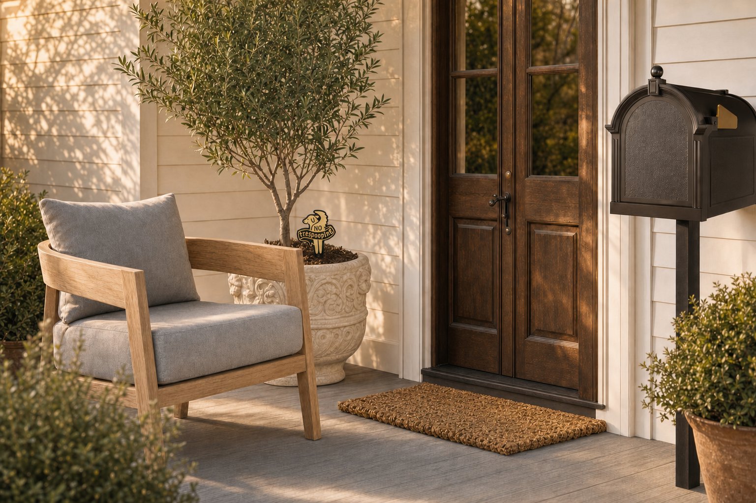 Front porch with a teak lounge chair, black post mailbox, brass address plaque, planters and a golden retriever